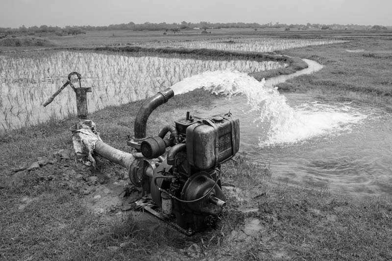 Impact of Green Revolution on Water Resources in India - diesel-run tubewell withdrawing groundwater for irrigating rice fields in Bhojpur district, Bihar